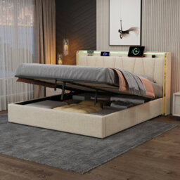 Btm 5Ft King Upholstered Bed With Hydraulic Storage Led Headboard Charging Station Usb Type C Linen Beige No Mattress - thumbnail 3