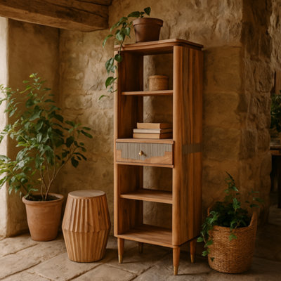 Wyld Haus Idaho Acacia And Mango Wood Slim Bookcase With Brass Details And 1 Drawer - image 1