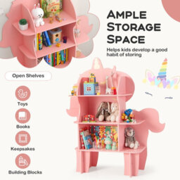 Costway Kids Unicorn Bookcase 3-Tier Toy Storage Organizer Wooden Bookshelf - thumbnail 6