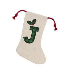 Purely Home Green Tartan Alphabet Letter J Stocking - Novelty Initial Xmas Gift Linen-Style With Red Drawstring Ties