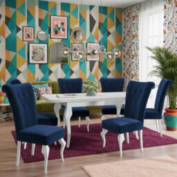 Lara Extendable Dining Table Set With 6 St63 Dining Chairs Mdf Hdf Chipboard Wood 140 To 180 Cm White And Blue - thumbnail 1