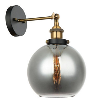 Luminosa Lighting Luminosa Industrial And Retro Wall Lamp Black, Gold 1 Light  With Smoky Shade, E27 Dimmable