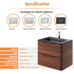 Plum&clay Eden Redwood Wall Hung Vanity Unit With Grey Glass Basin (W)600mm - thumbnail 7