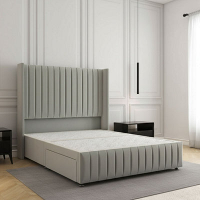 REGIONAL FURNISHINGS Divan Bed Set Silver Plush Velvet Upholstered 54Inch Headboard & Footboard 2Drawers Footend & No Mattress In 4Ft 4Ft6 5Ft 6Ft - image 1