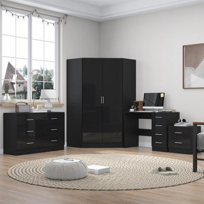 Reflect - 2 Door Corner + 6 Drawer Chest + 2 Drawer Bedside + 4 Drawer Desk - Gloss Black / Matt Black - image 1
