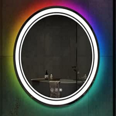 Deenz 60X60 Cm Dual Led Round Lighted Bathroom Wall Mirror Multi Colors Light Touch Switch With Fog Pad Illuminated Backlit