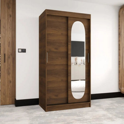 Arte Royal Sliding Door Wardrobe 100Cm Oak Walnut With Curved Mirror Panel - image 1