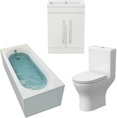 Affine 1700mm Gloss White Bathroom Suite Straight Bath Toilet Basin Sink Vanity Unit - image 1