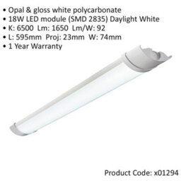 2Ft Ip65 Flush Batten Light - 18W Daylight White Led - Opal & Gloss White Pc - thumbnail 2
