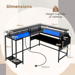 Costway L-Shaped Gaming Desk Computer Desk W/ Led Lights & Power Outlets-Black - thumbnail 2