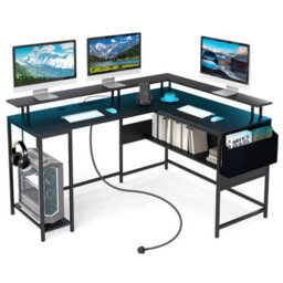 Costway L-Shaped Gaming Desk Computer Desk W/ Led Lights & Power Outlets-Black - thumbnail 1