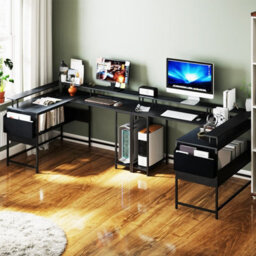 Costway L-Shaped Gaming Desk Computer Desk W/ Led Lights & Power Outlets-Black - thumbnail 6