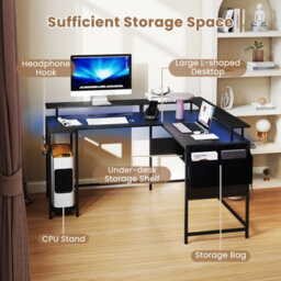 Costway L-Shaped Gaming Desk Computer Desk W/ Led Lights & Power Outlets-Black - thumbnail 5