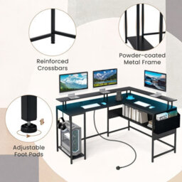 Costway L-Shaped Gaming Desk Computer Desk W/ Led Lights & Power Outlets-Black - thumbnail 7