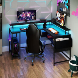 Costway L-Shaped Gaming Desk Computer Desk W/ Led Lights & Power Outlets-Black - thumbnail 9