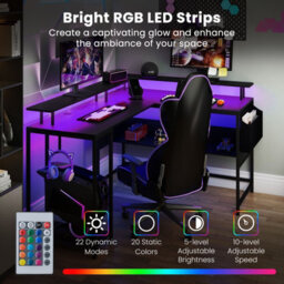 Costway L-Shaped Gaming Desk Computer Desk W/ Led Lights & Power Outlets-Black - thumbnail 8