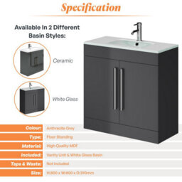 Plum&clay Novela Anthracite Grey Floor Standing Vanity Unit With Glass Basin Bathroom Furniture (W)800mm - thumbnail 6