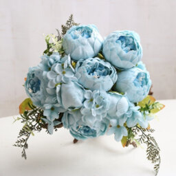Luxurious 13-Head Artificial Peony Bouquet - Light Blue Silk & Plastic Faux Flowers For Wedding, Home & Office Decor - thumbnail 1