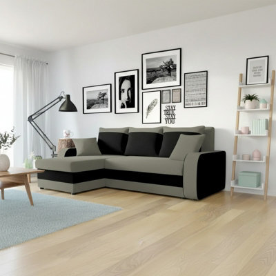 Kris M Corner Sofa Bed With Two Bedding Storage Compartments Polyurethane Foam Frame Plastic Legs 238X147X80Cm Grey And Black - image 1