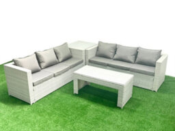 Fimous 6 Seater Garden Outdoor Rattan Furniture Set Rattan Garden Sofa Oblong Coffee Table Side Table Light Grey - thumbnail 2