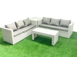 Fimous 6 Seater Garden Outdoor Rattan Furniture Set Rattan Garden Sofa Oblong Coffee Table Side Table Light Grey - thumbnail 1