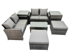 Fimous 6 Seater Wicker Pe Rattan Furniture Outdoor Coffee Table Double Seat Sofa 2 Big Stool 2 Side Tables Set Dark Grey Mixed - thumbnail 1