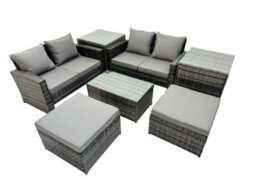 Fimous 6 Seater Wicker Pe Rattan Furniture Outdoor Coffee Table Double Seat Sofa 2 Big Stool 2 Side Tables Set Dark Grey Mixed - thumbnail 2