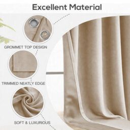 Bedlooms Beige Crushed Velvet Curtains Blackout Thermal Insulated Eyelet Curtain (Pair) 66 X 54 Inches With Tie Back Two - thumbnail 4