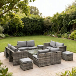 14 Pieces Pe Rattan Garden Sofa Set, 12 Seater Garden Conversation Set