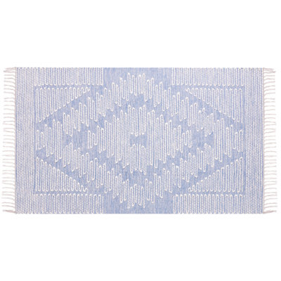 Wyld And Coco Handwoven Wool-Cotton Rug Off-White With Blue Geometric Motifs 80 X 150 Cm Tasselled Edges - image 1