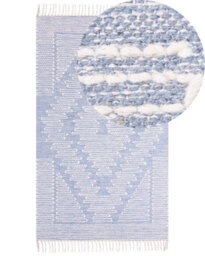 Wyld And Coco Handwoven Wool-Cotton Rug Off-White With Blue Geometric Motifs 80 X 150 Cm Tasselled Edges - thumbnail 3