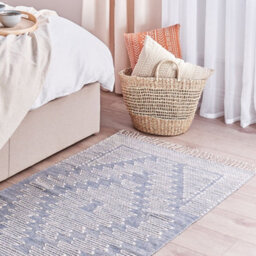 Wyld And Coco Handwoven Wool-Cotton Rug Off-White With Blue Geometric Motifs 80 X 150 Cm Tasselled Edges - thumbnail 2