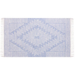 Wyld And Coco Handwoven Wool-Cotton Rug Off-White With Blue Geometric Motifs 80 X 150 Cm Tasselled Edges - thumbnail 1