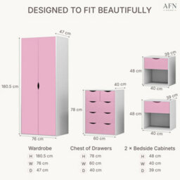 Afn Home Delvito 4 Piece Bedroom Set,  2 Door Wardrobe, 5 Drawer Chest & 2 Bedside Cabinets, Pink/white - thumbnail 4