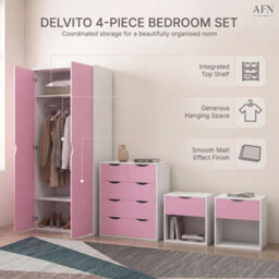Afn Home Delvito 4 Piece Bedroom Set,  2 Door Wardrobe, 5 Drawer Chest & 2 Bedside Cabinets, Pink/white - thumbnail 2