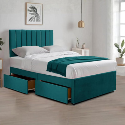Green Plush 5Ft King Size Bed With Matttress  2 Storage Drawers And 20 Inch Vertical Line Headboard - image 1