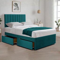 Green Plush 5Ft King Size Bed With Matttress  2 Storage Drawers And 20 Inch Vertical Line Headboard - thumbnail 1
