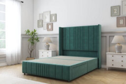 "Sloomy Hargrave Emerald Plush Divan Bed Base No Drawers-54"" Wingback Headboard & 12"" Footboard 4'6 Double" - thumbnail 1