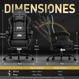 Massage Gaming Chair With Footrest, Headrest & Lumbar Support, Height Adjustable For Home, Black - thumbnail 3