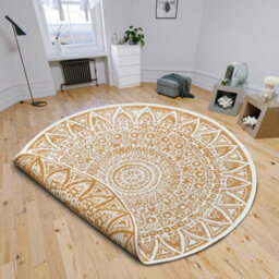 The Rugs Lilja Vintage Round Rug Indoor Outdoor Reversible Durable Easy Care In Mustard - thumbnail 3