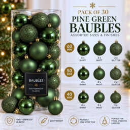 Decoris 30 Pine Green Baubles Shatterproof Christmas Tree Hanging Decor - thumbnail 4