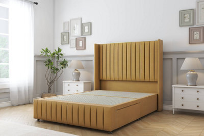 "Sloomy Marlborough Mustard Plush Divan Bed Base No Drawers-54"" Wingback Headboard & 12"" Footboard 3' Single" - image 1