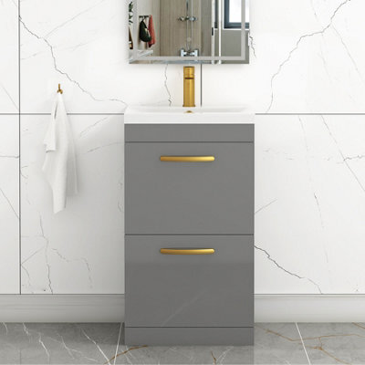 Royal Bathrooms Turin Indigo Grey Gloss 500mm Floor Standing Vanity Unit 2 Drawer With Mid-Edge Basin Sink & Brushed Brass Handles - image 1