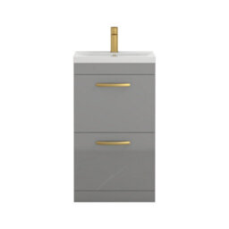 Royal Bathrooms Turin Indigo Grey Gloss 500mm Floor Standing Vanity Unit 2 Drawer With Mid-Edge Basin Sink & Brushed Brass Handles - thumbnail 6