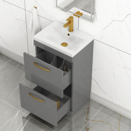 Royal Bathrooms Turin Indigo Grey Gloss 500mm Floor Standing Vanity Unit 2 Drawer With Mid-Edge Basin Sink & Brushed Brass Handles - thumbnail 5