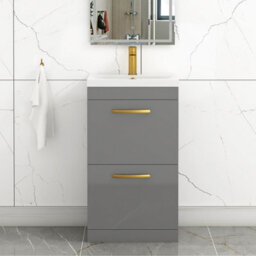 Royal Bathrooms Turin Indigo Grey Gloss 500mm Floor Standing Vanity Unit 2 Drawer With Mid-Edge Basin Sink & Brushed Brass Handles