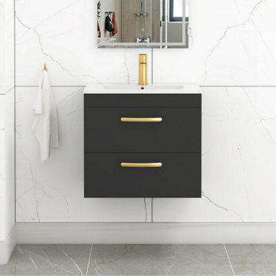 Royal Bathrooms Turin 600mm Wall Hung Vanity Unit Matt Black 2 Drawer Minimalist Basin With Brushed Brass Handles - image 1