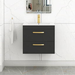 Royal Bathrooms Turin 600mm Wall Hung Vanity Unit Matt Black 2 Drawer Minimalist Basin With Brushed Brass Handles - thumbnail 1