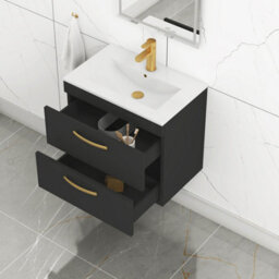 Royal Bathrooms Turin 600mm Wall Hung Vanity Unit Matt Black 2 Drawer Minimalist Basin With Brushed Brass Handles - thumbnail 5