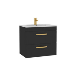 Royal Bathrooms Turin 600mm Wall Hung Vanity Unit Matt Black 2 Drawer Minimalist Basin With Brushed Brass Handles - thumbnail 6